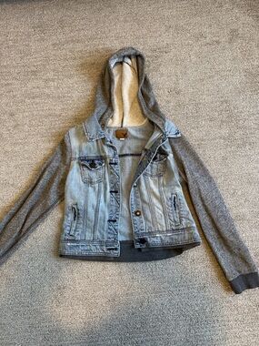 American Eagle Outfitters Light Blue Denim & Gray Hooded Jean Jacket
